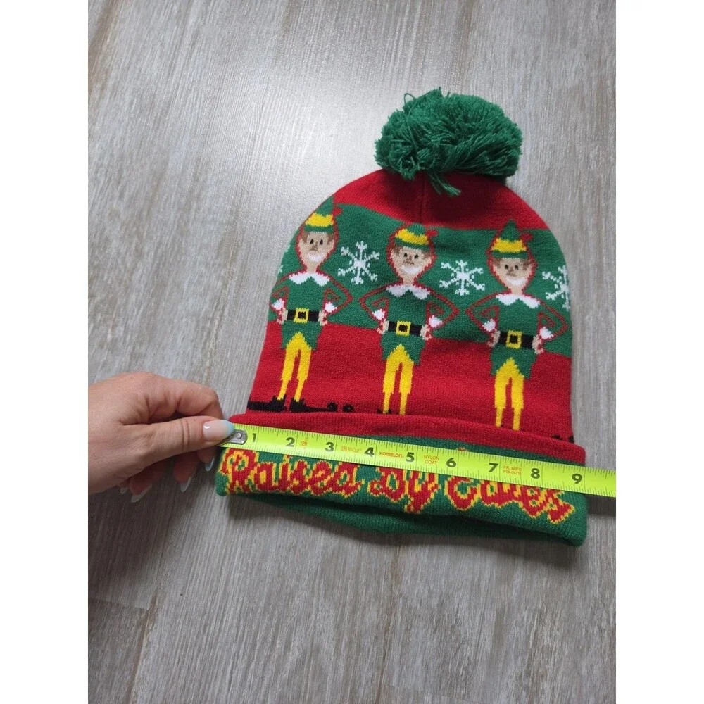 Elf Movie Raised By Elves Christmas Pom Pom Beanie Red Green One Size EUC